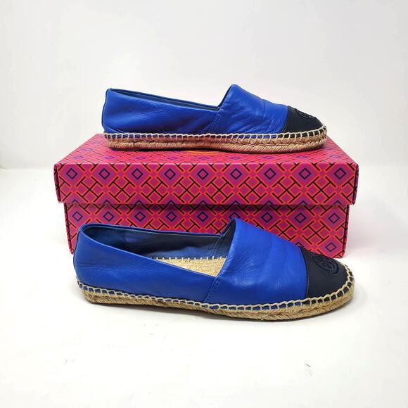 Tory Burch Leather Colorblock Flat Espadrilles Jelly Blue Tory Navy Size 7.5 - Picture 2 of 12